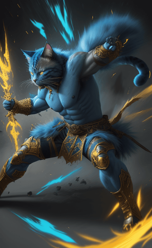 AI generated: "painterly style, cat warrior fighting at war, raging,blue fluffy fur, character design, body is ado...