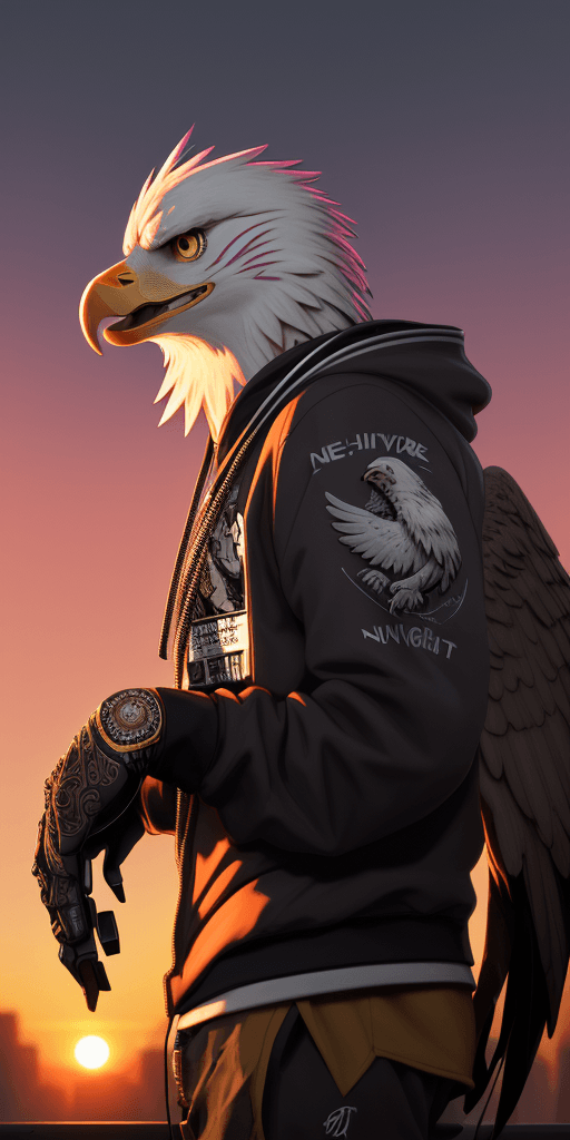 AI generated: (nvinkpunk:1.2) (snthwve style:0.8) DJ eagle, headphone, anthro, lightwave, sunset, intricate, highl...
