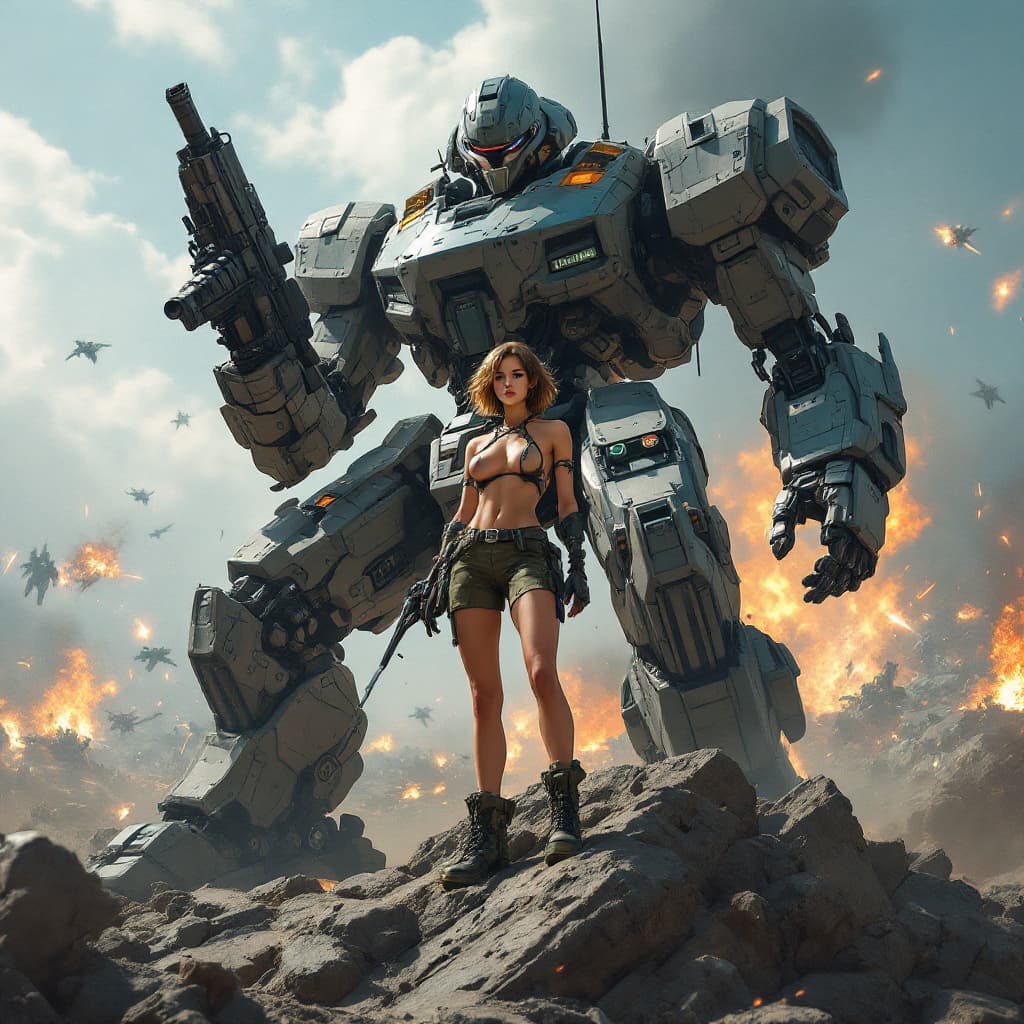 AI generated: In the style of Yoji Shinkawa, full body shot of a young beautiful European woman with gun and her l...