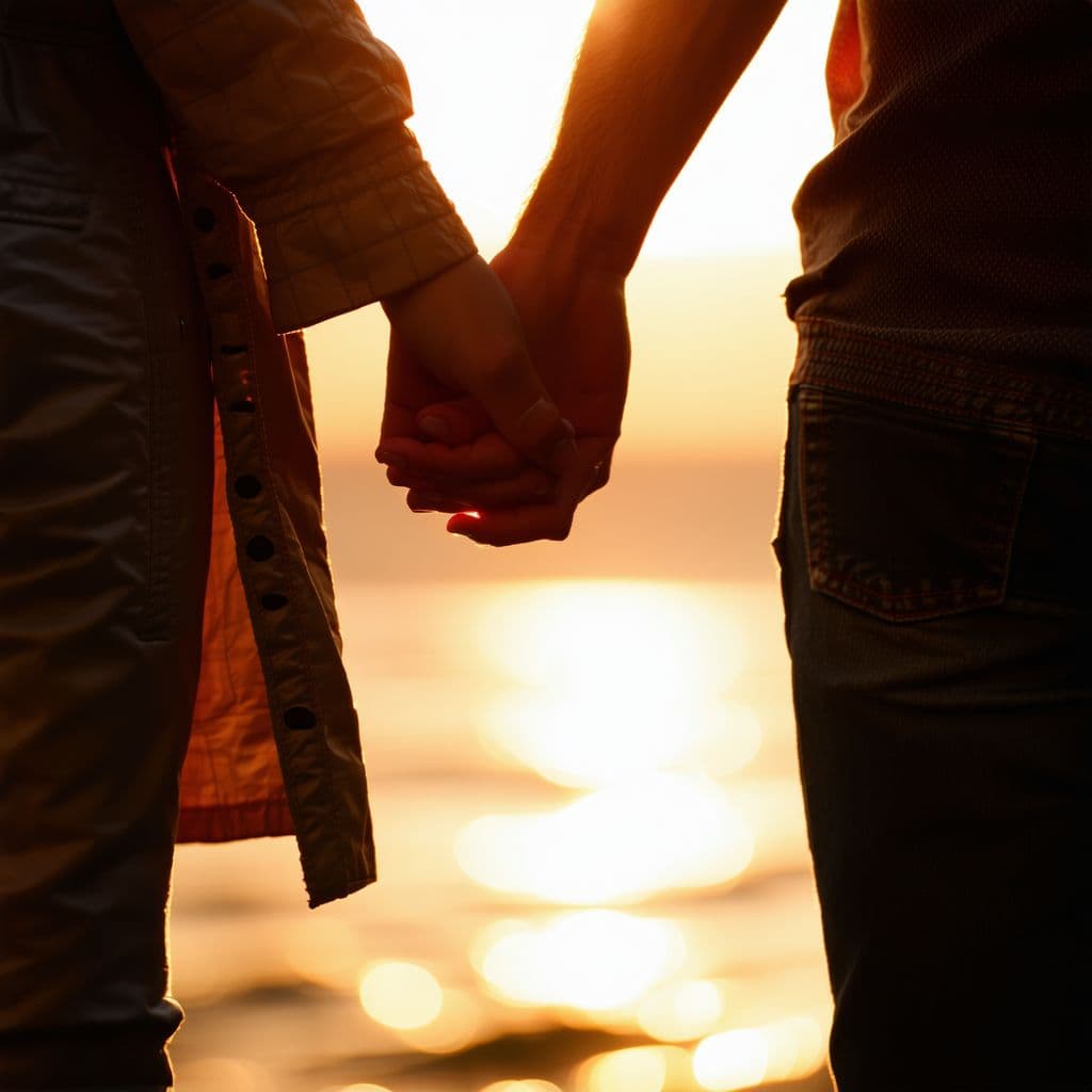 AI generated: two hands almost touching in soft golden light, symbol of love and connection, blurred background, e...