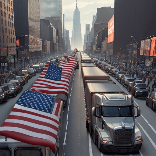 AI generated: truckers for trump blockade New York city, brining it to it's knees. Wide angle, trending on artstat...