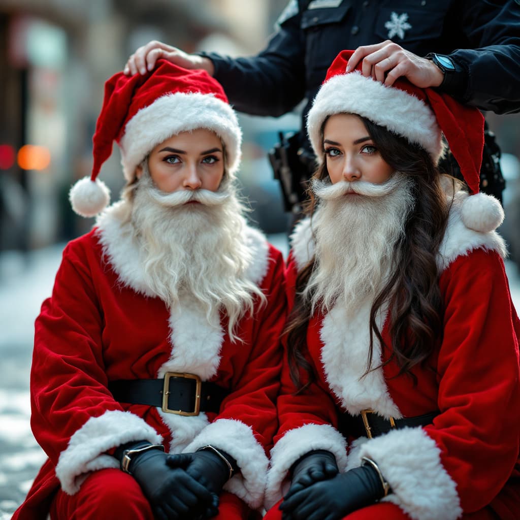 AI generated: Two female male Santa Claus criminals strong  wearing  Santa Claus suit  in light red color in day t...