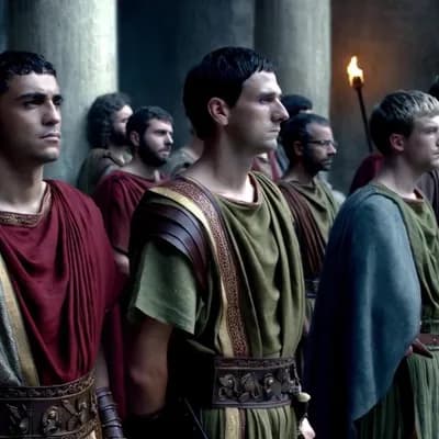 AI generated video: Men looking forward, wearing ancient roman attire, breathing, waiting for a very important person, a...