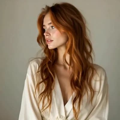 AI generated video: Create a smooth realistic video of the same woman with long wavy ginger hair, porcelain skin, subtle...