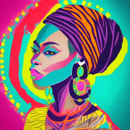 AI generated: Black silhouette of african american woman in a colorful head wrap and with an earring. Beautiful bl...