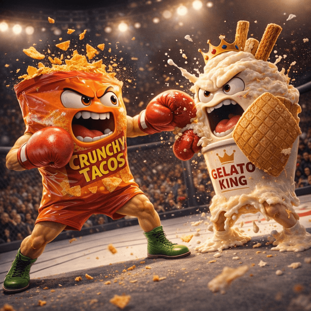 AI generated: {
  "scene": {
    "setting": "UFC-style boxing octagon",
    "lighting": "arena-style spotlights...