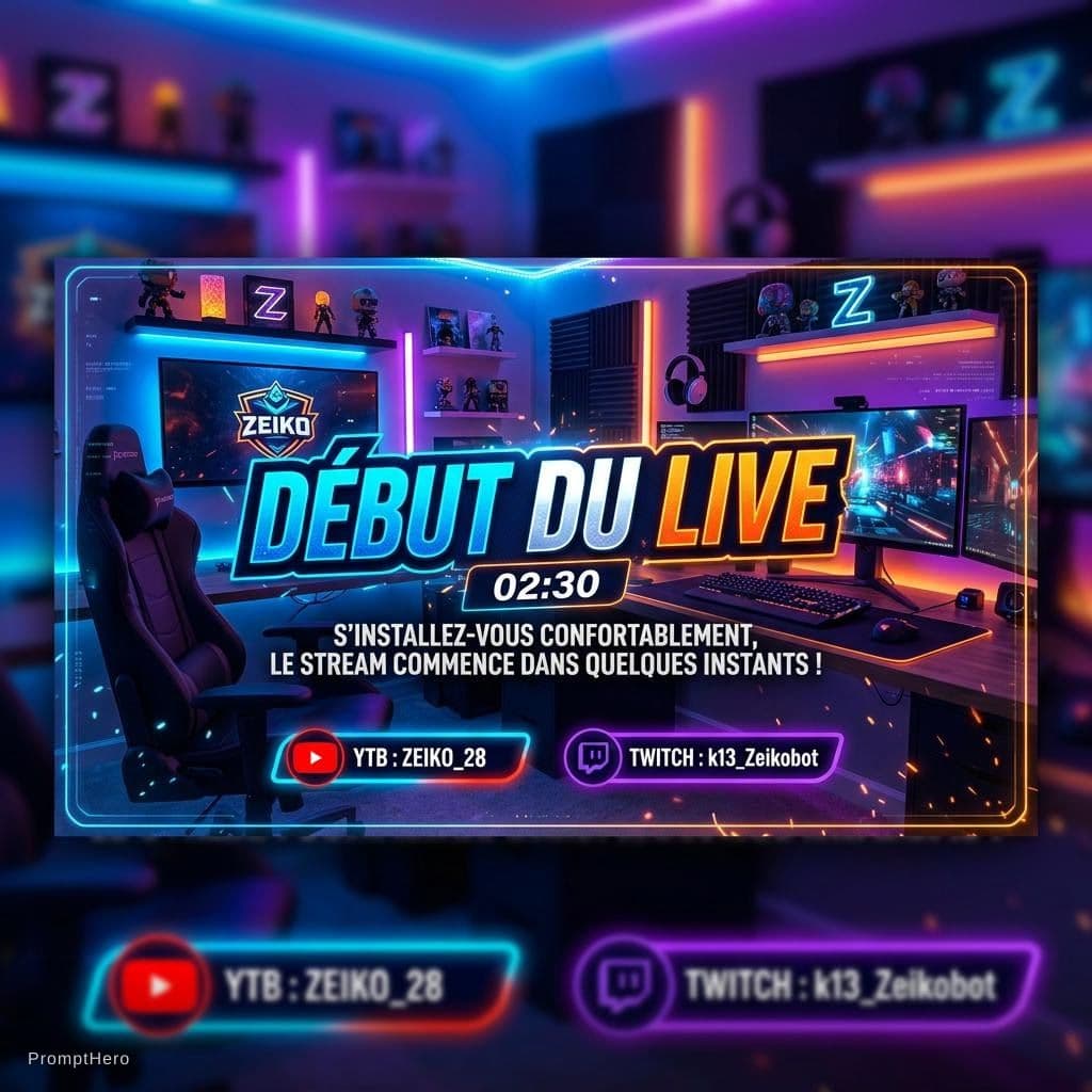 AI generated: creer une image pour une scène pour mon live twitch en disant debut du live avec mon pseudos YTB ZEI...