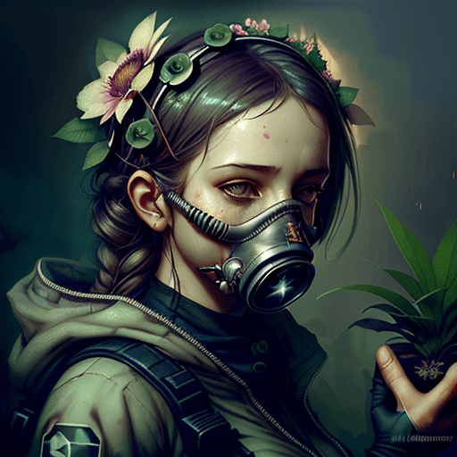 AI generated: a woman with a flower crown on her head and a gas mask on her face, with a plant growing out of her ...