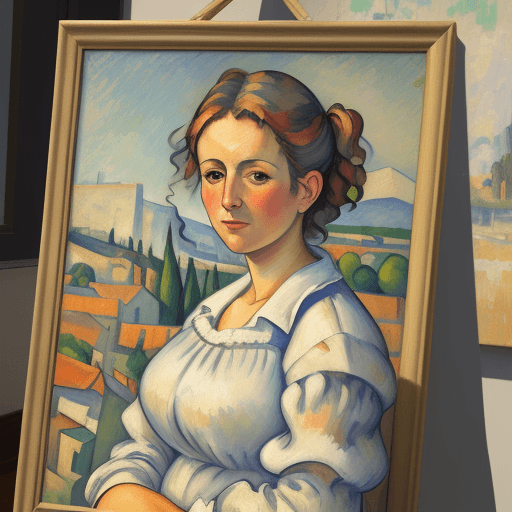 AI generated: Stunning oil on canvas painting of a beautiful middle-aged woman, in the style of Paul Cézanne, Aix-...