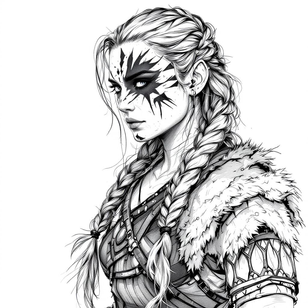 AI generated: black and white drawing of a Viking warrior woman full body with braided hair, wearing war paint on ...