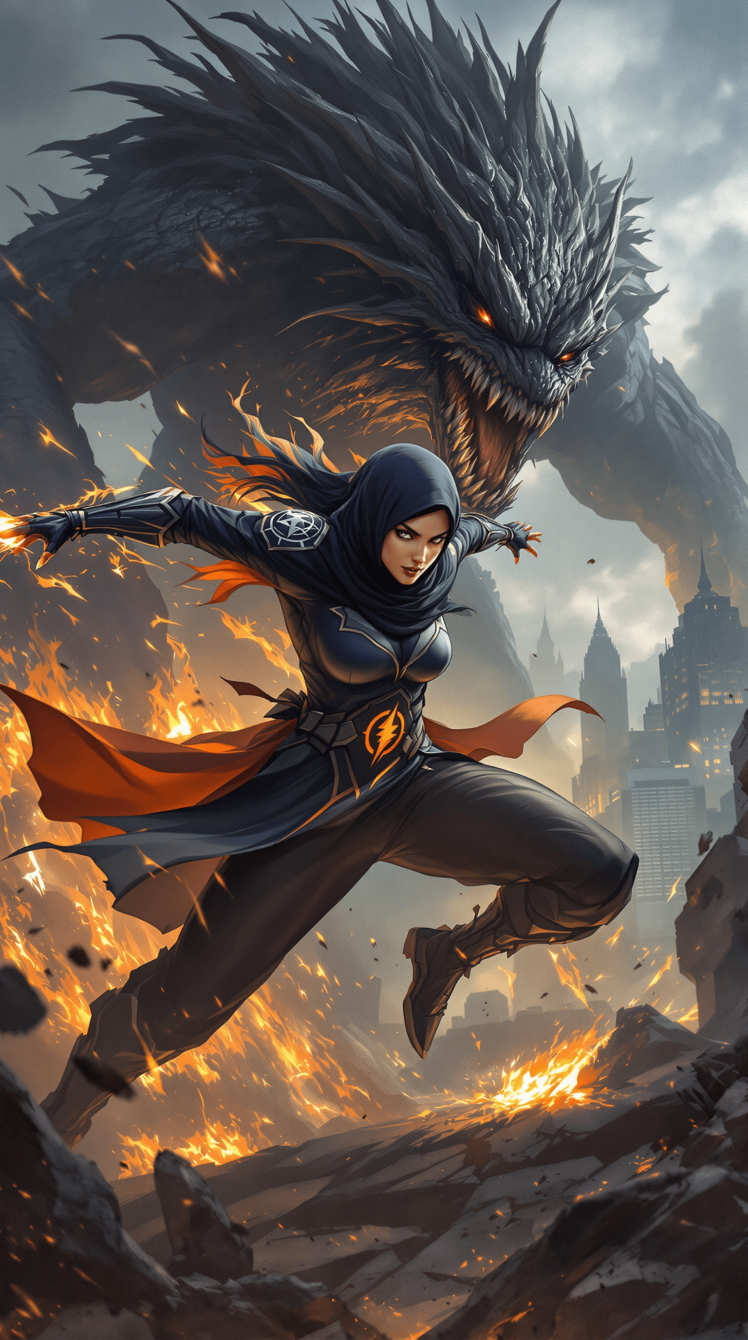 AI generated: Illustration portrait, super hero woman, fight, monster, epic, cinematic.
epic detailed background, ...