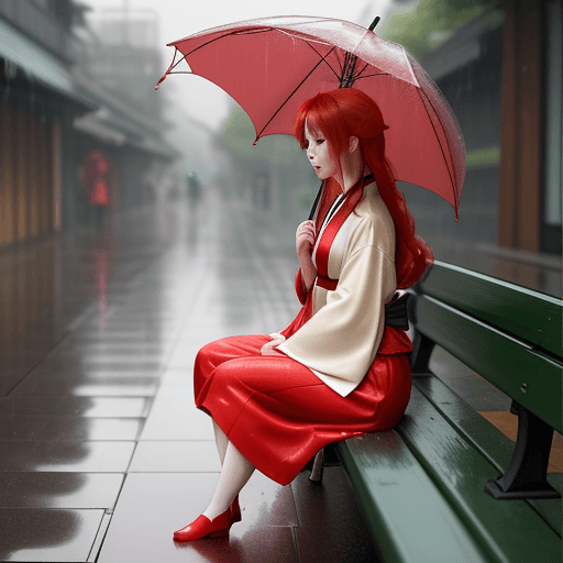 AI generated: Beautiful, cute+, foxgirl, red hair, kimono ,rain,street+, wet+++, sitting on a bench, (best quality...