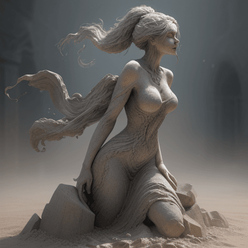 AI generated: she is a gorgeous woman-like being created out stone ((she is coming out from the ground), dust danc...