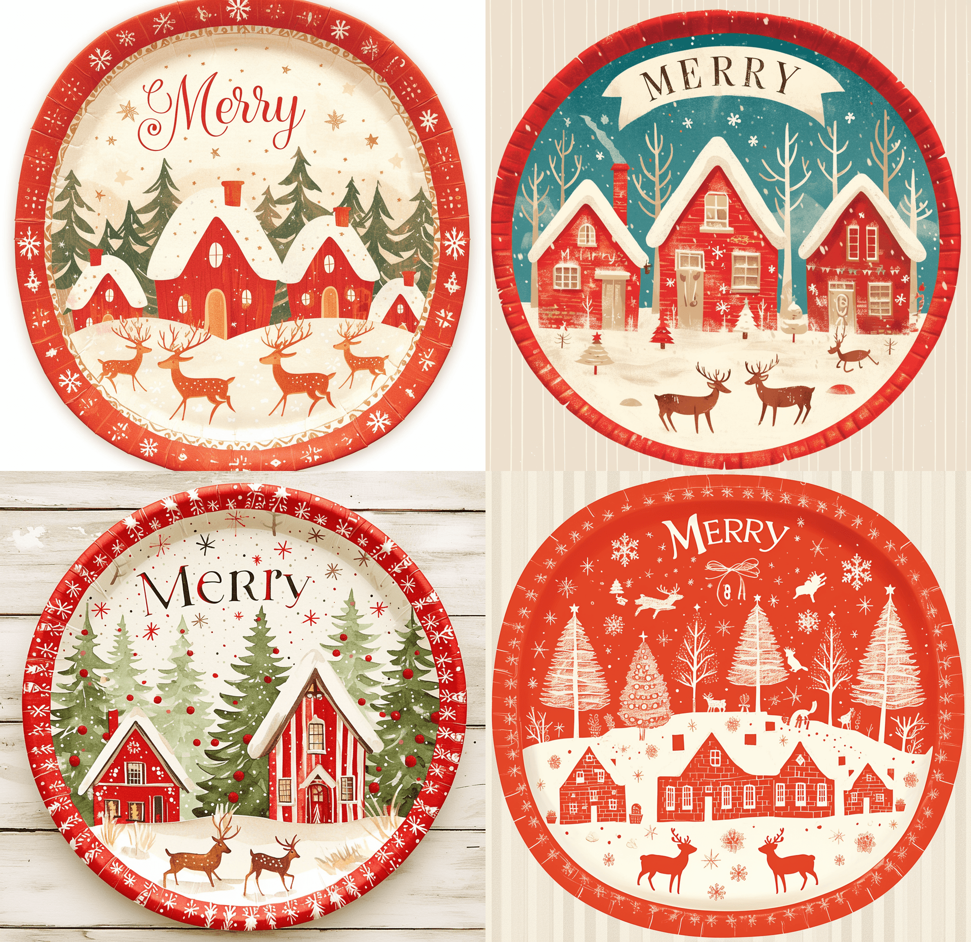 AI generated: A large oval paper plate with white snowflakes and Christmas houses printed on it, the word "Merry" ...
