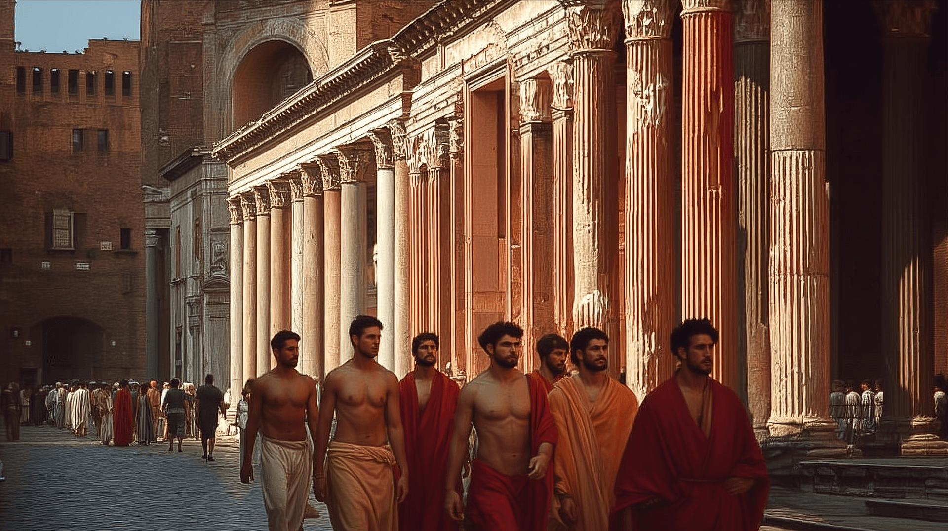 AI generated: group of men in ancient rome 16:9 --chaos 40 --ar 84:55 --style raw --profile 8dtrl7a --stylize 450 ...