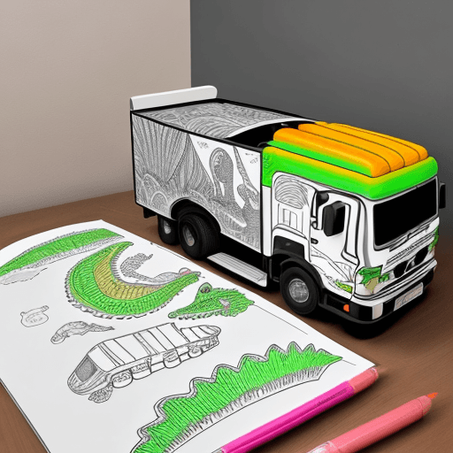 AI generated: Pagina para colorear de un dinosaurio conduciendo una camioneta, lineas negras, fondo blanco, dibujo...
