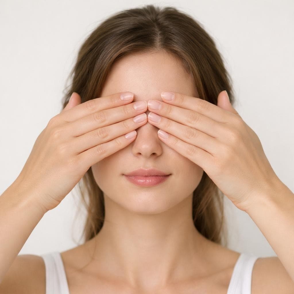 AI generated: a young woman covering her eyes completely with both hands, eyes fully closed and hidden behind hand...