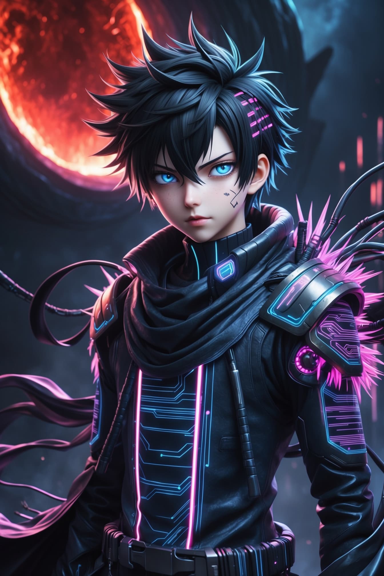 AI generated: A breathtakingly detailed illustration of an anime boy with an androgynous face, piercing blue eyes,...