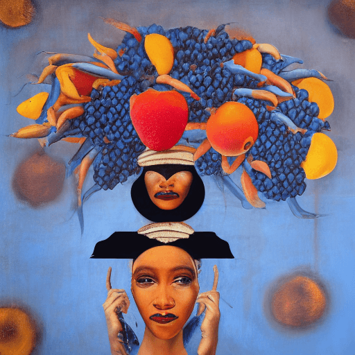 AI generated: a mural of woman on a blue wall with fruit on her head, in the style of ingrid baars, 32k uhd, benin...