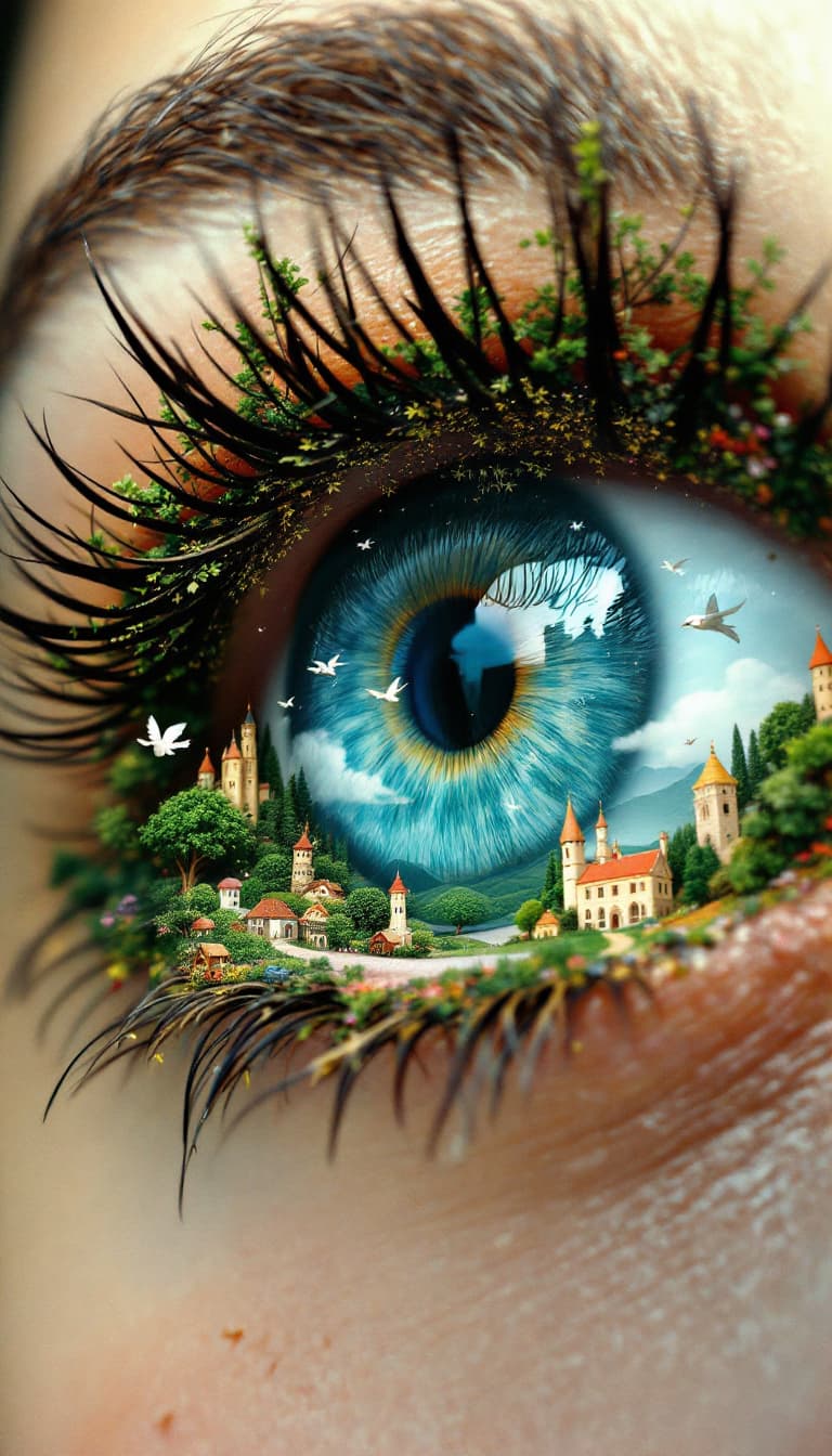 AI generated: 2. A whimsical, extreme close-up of a woman’s eye, transforming into a miniature, fantastical landsc...
