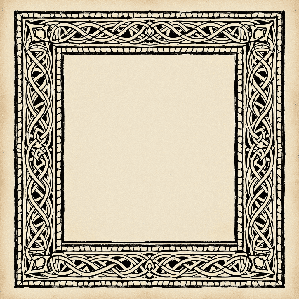 AI generated: A celtic rectangle meant for A4 with runic patterns. In each corner, there is a serpent head. 