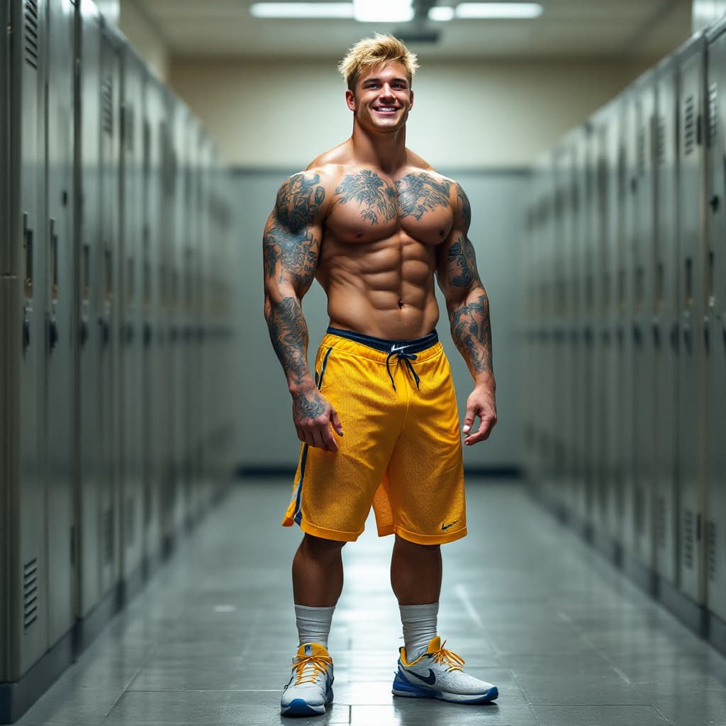AI generated: Locker room, tall college football player, short blond hair, blue eyes, muscles, yellow shiny mesh k...