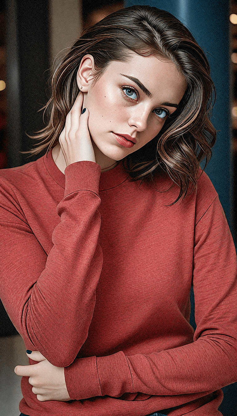 AI generated: An image of a young woman with fair skin and striking blue eyes. She has a casual, tousled brown bob...