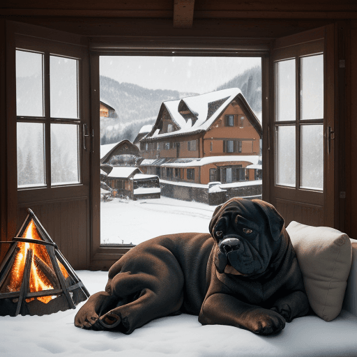 AI generated: brown Cane Corso dog, drawing, sleeping, lying on an armchair, inside a house watching a Swiss town ...