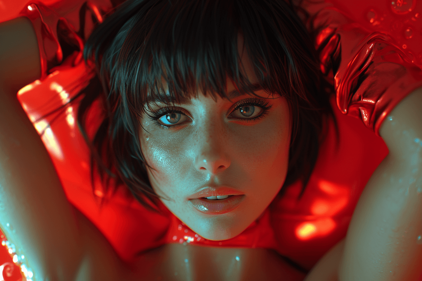 AI generated: persian girl with short hair and red dress, mashup style, celebrity portraits, volumetric light, hyp...