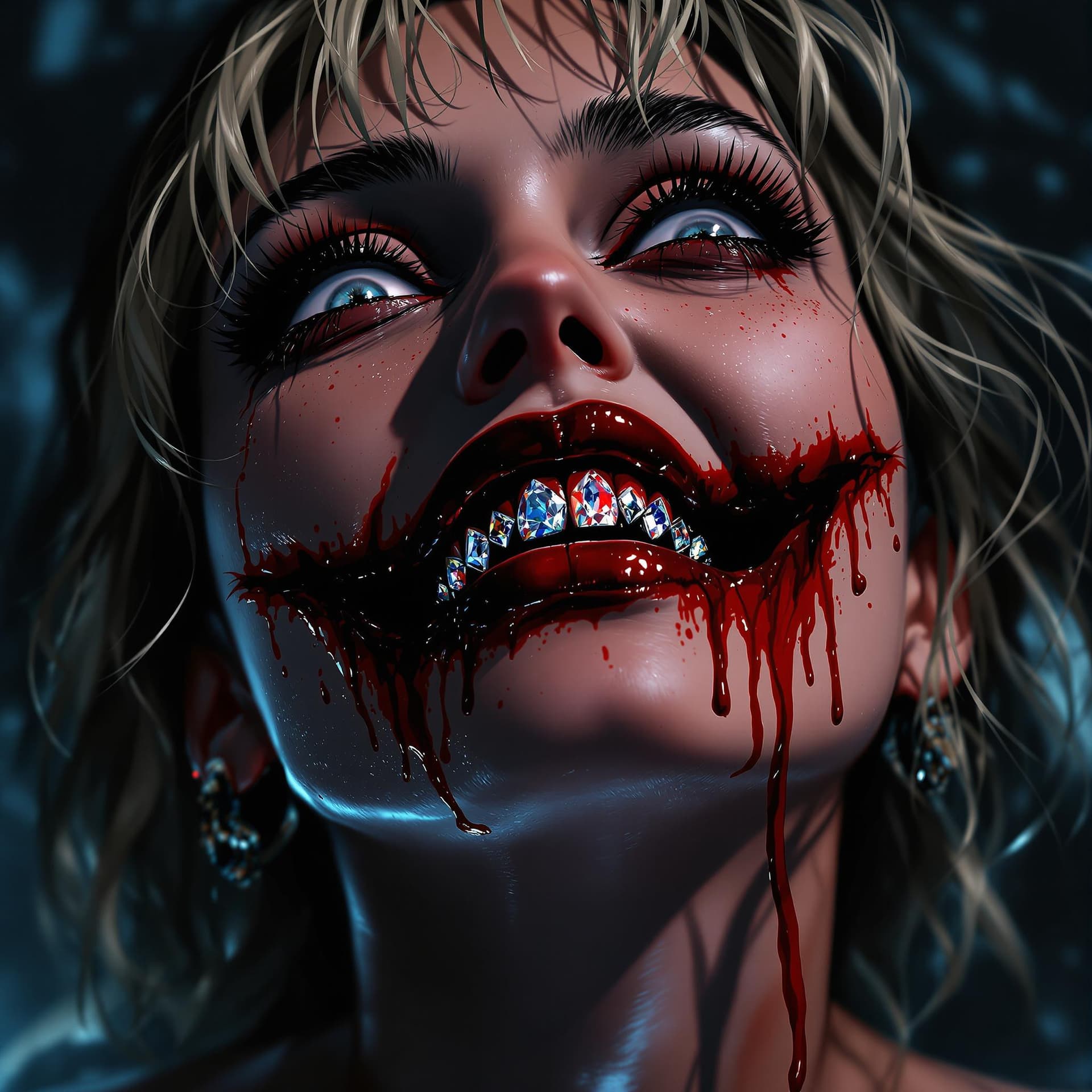 AI generated: anime horror close-up portrait of a woman inspired by Madonna, styled like a character from Smile, h...