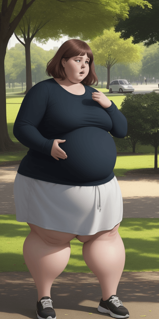 AI generated: A fat woman in a park with a large text 80% in front of her