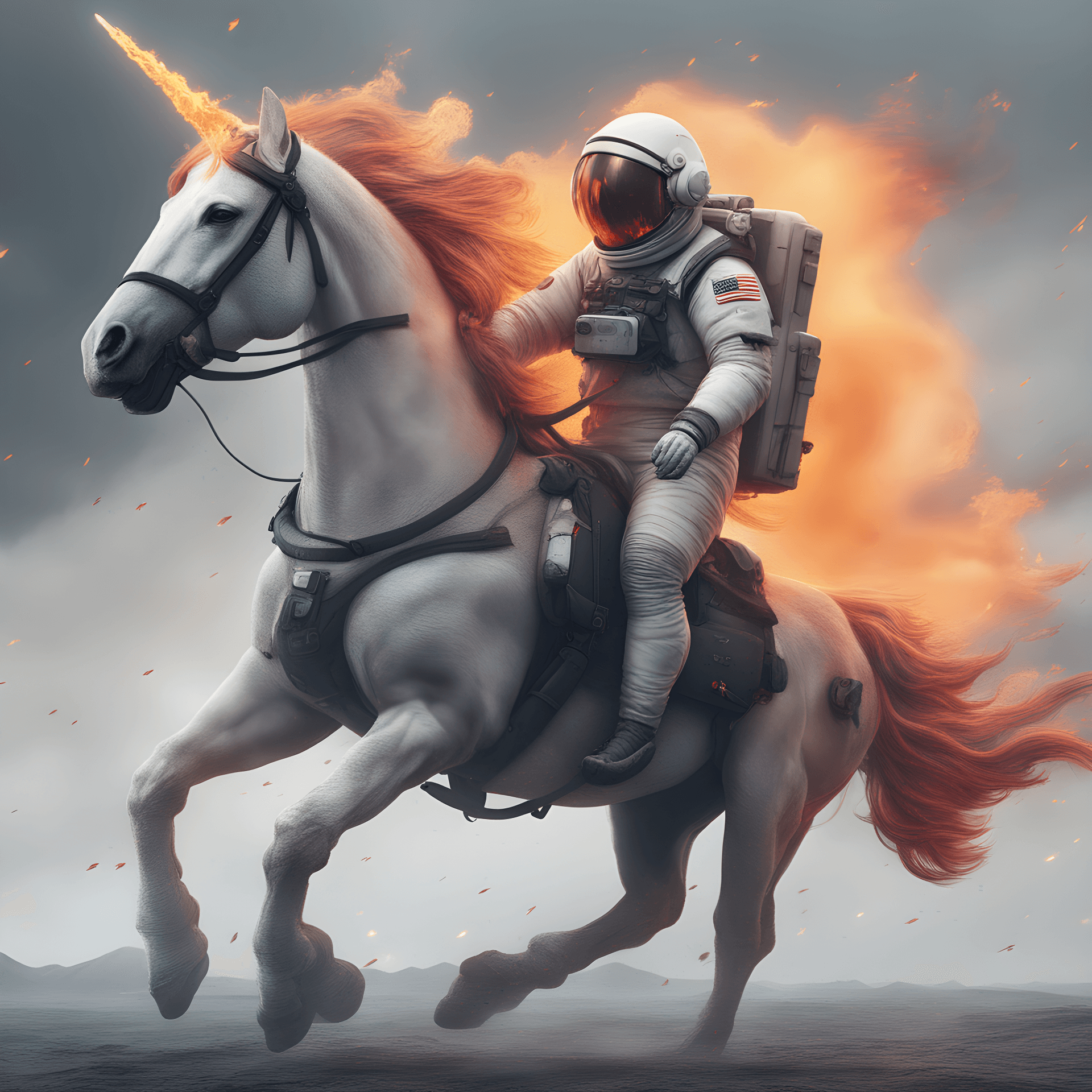 AI generated: fantastical image featuring an astronaut riding a unicorn with a fiery mane and tail against a drama...