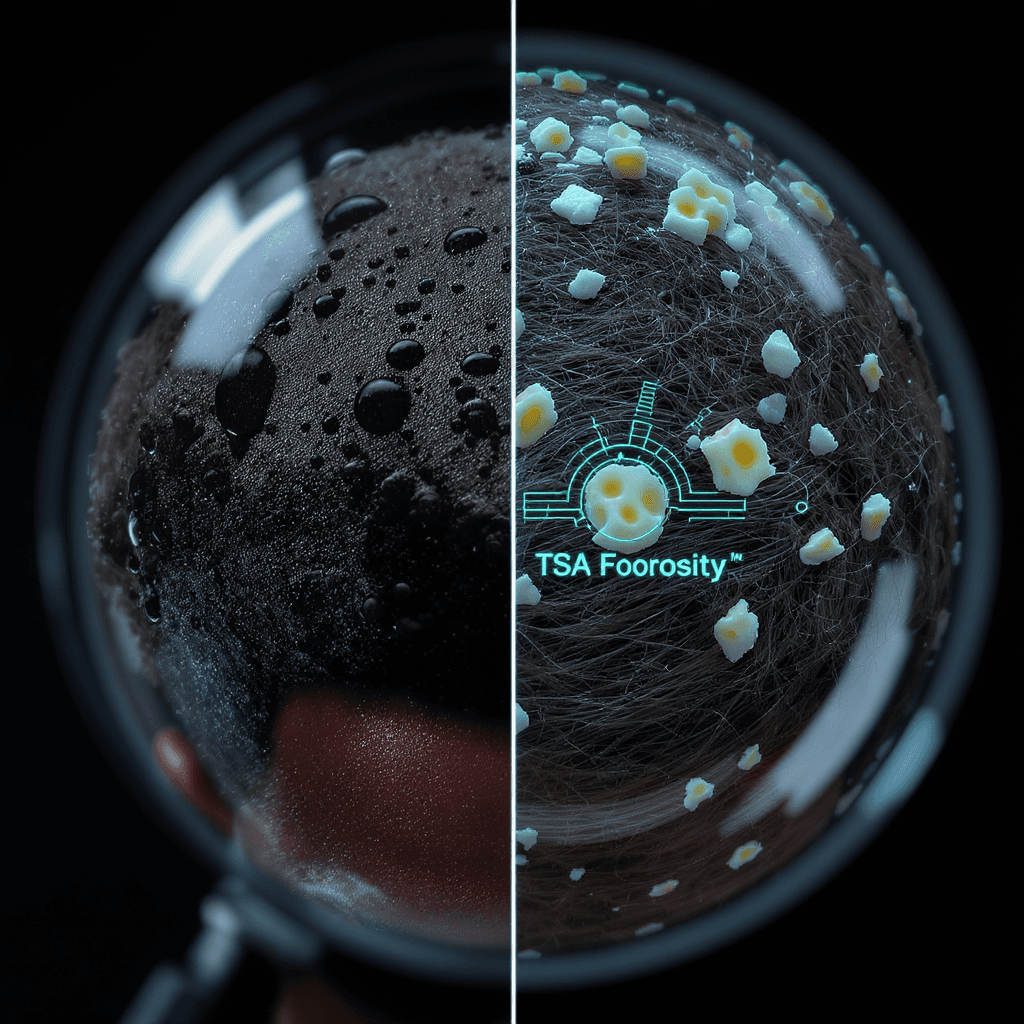 AI generated: split-screen visual of afro-textured hair under magnified lens, one side showing water droplets sitt...