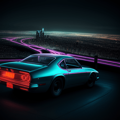 AI generated: Hyper realistic photo of a car in retro style overlooking the night city of the future, night, neon