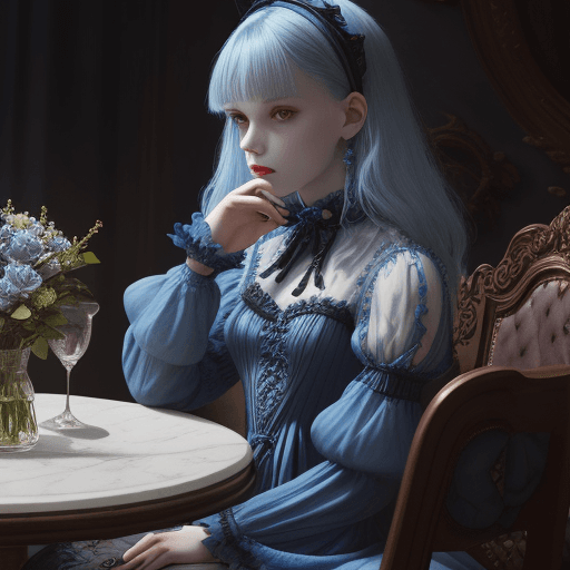AI generated: a Bear sitting at a table , by Valerie Petts, tumblr, intricate fantasy dress, blueish tones, offici...