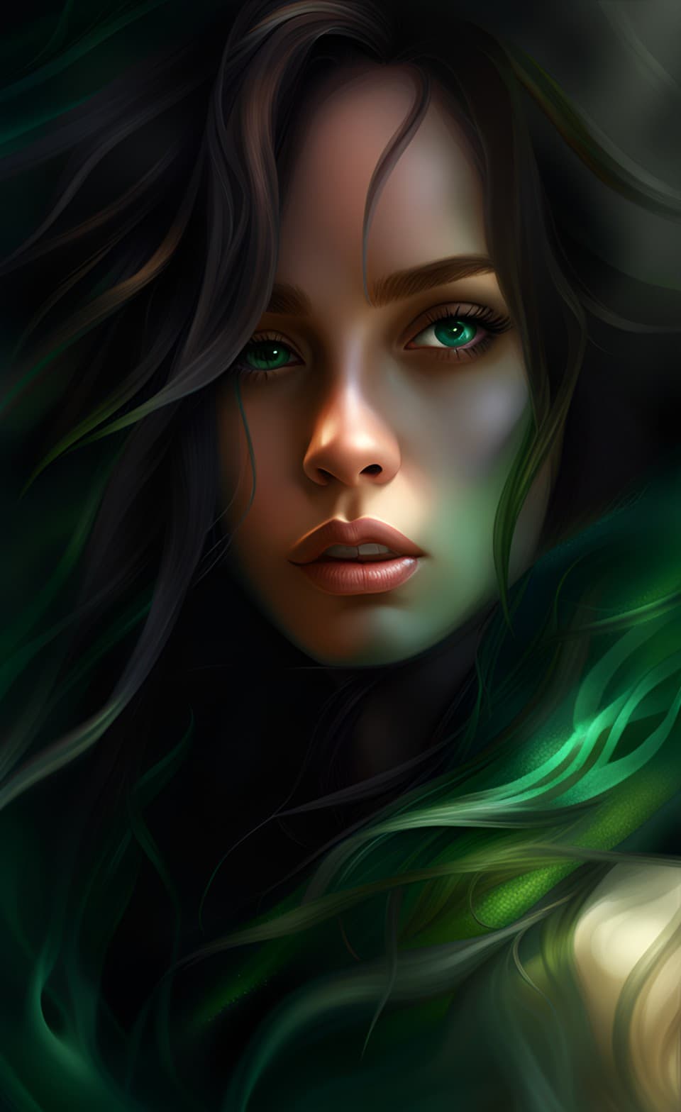 AI generated: A mysterious portrait of a Young ethereal female, long messy hair, green emerald eyes, candid, intim...