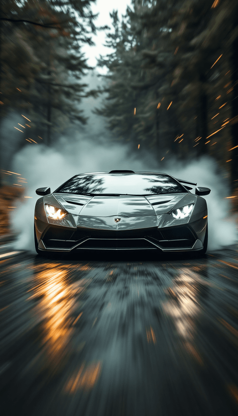 AI generated: A gray Lamborghini hurricane does drifts in a forest in the style of a grainy film filter effect. It...