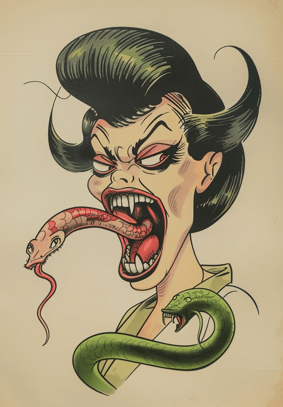 AI generated: A vintage cartoon of an angry woman with her tongue out, there is a snake coming from the back end o...