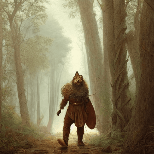 AI generated: cat wearing armor that looks like an old man, the old man is walking with a long chains, in the back...
