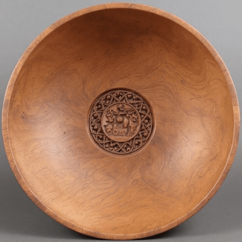 AI generated: A LARGE CARVED DEEP WOOD BOWL CARVED FROM HORSE CHESTNUT WOOD