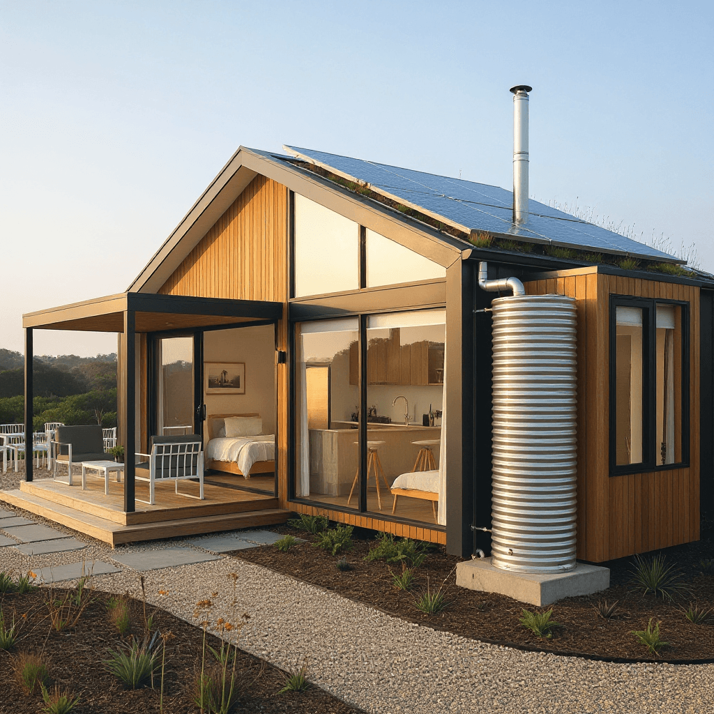 AI generated: Add solar roof panels, geometrical shapes and green elements.