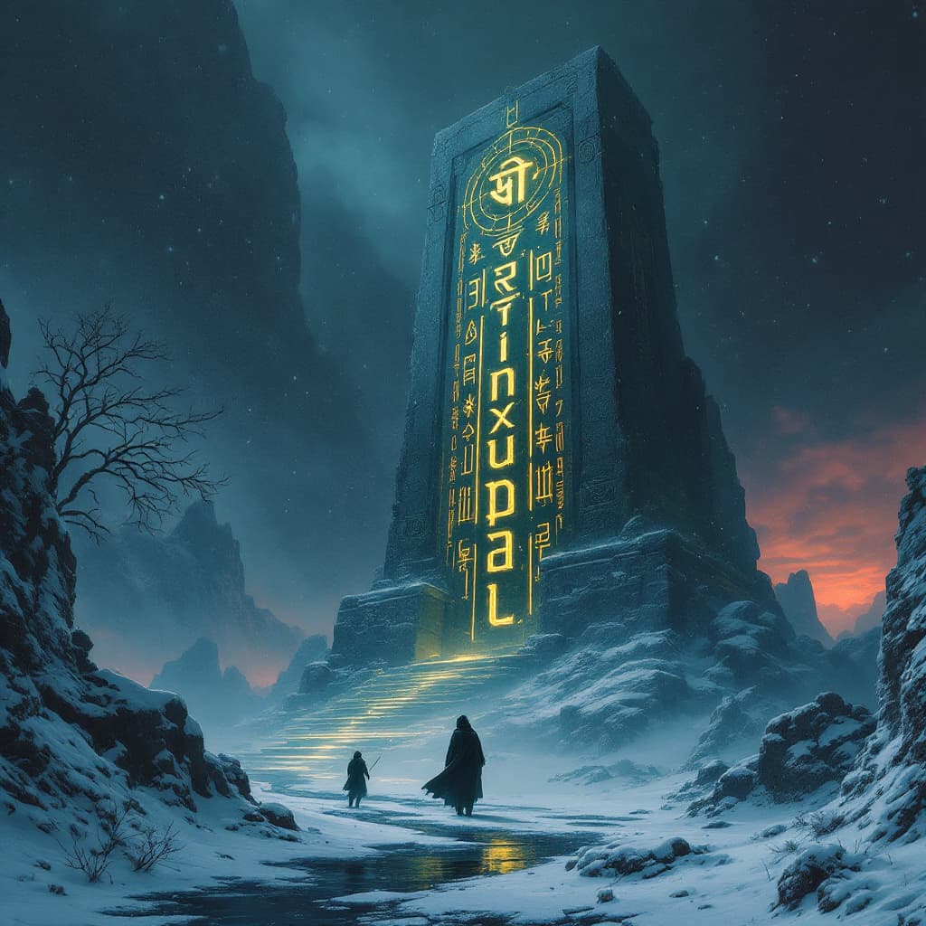 AI generated: A concept Cascade chronicles art landscape of a gloomy and somber snowy thundra with a the Hindi wor...