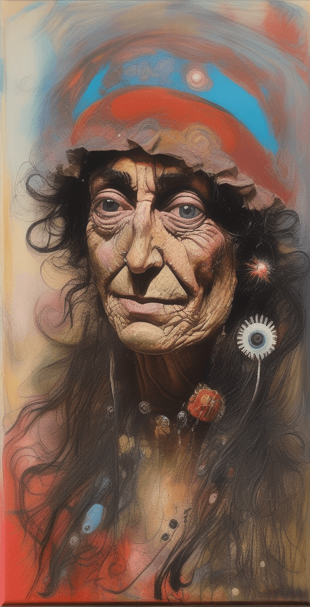 AI generated: Outsider Art, painting of a gypsy having psychedelic mind bending trip in 1960s San Francisco, in th...