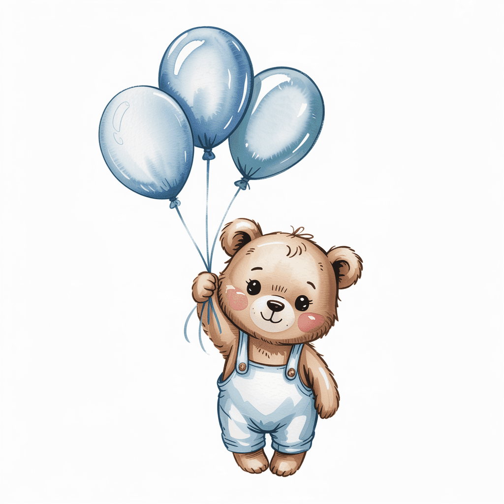 AI generated: soft watercolor illustration of a cute baby bear hanging from blue balloons, wearing an overall, sof...