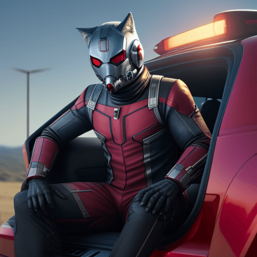 AI generated: wolf humanoid starlord in suit antman aestetic red space robot suit using sun glases, out site next ...