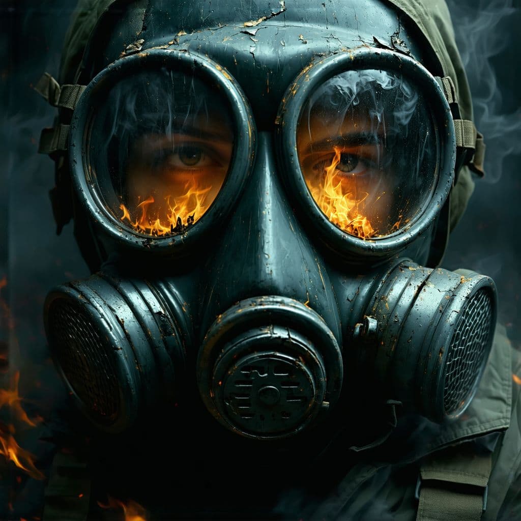 AI generated: A close-up shot of a Chernobyl liquidator's gas mask, filling the frame with gritty, realistic detai...