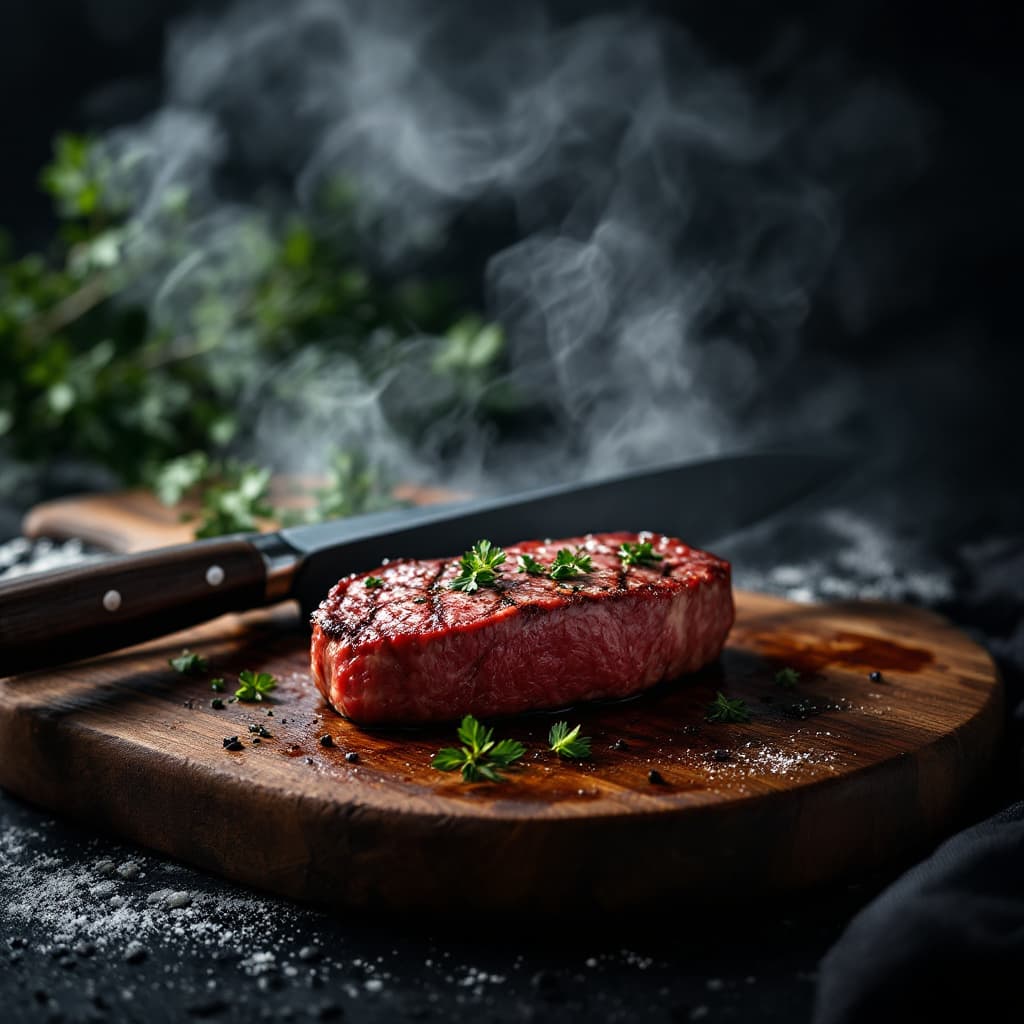 AI generated: Darker photography different steak cutting knives on big wood cutting board and nice grilled steak n...