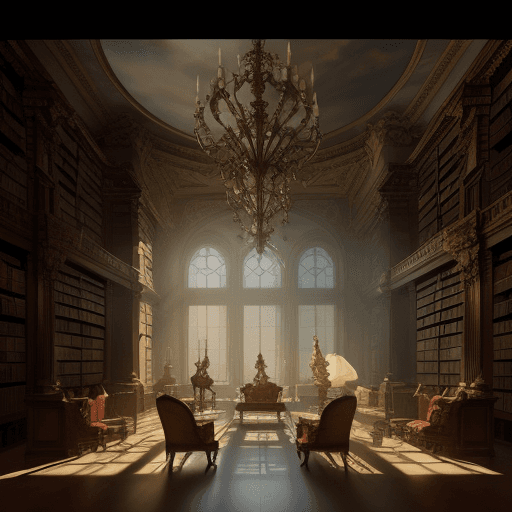 AI generated: A beautiful baroque styled library :: silhouette, double exposure, fantasycore style watercolor pain...