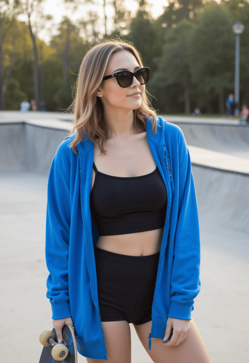 AI generated: A woman is captured in a moment of casual elegance. She stands confidently in an outdoor skate park,...