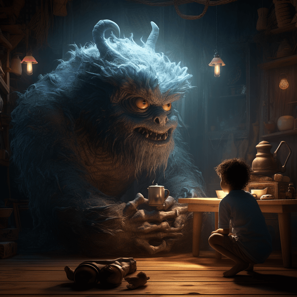AI generated: edyth jiryevsky monster sitting by the door, in the style of realistic hyper-detailed rendering, qui...